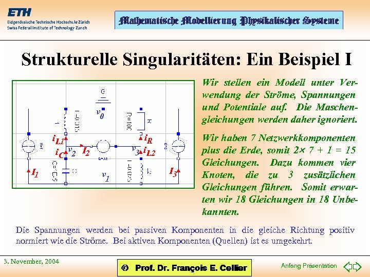 Strukturelle Singularitäten: Ein Beispiel I Wir stellen ein Modell unter Verwendung der Ströme, Spannungen