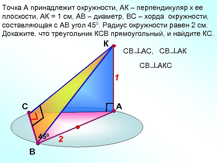 Точка А принадлежит окружности, АК – перпендикуляр к ее плоскости, АК = 1 см,