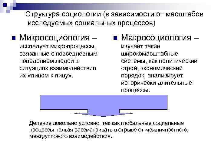 Структура социологии (в зависимости от масштабов исследуемых социальных процессов) n Микросоциология – исследует микропроцессы,