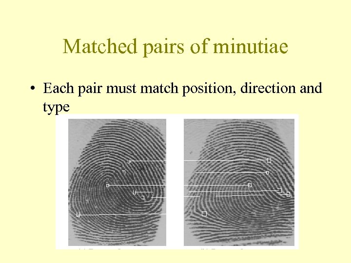 Matched pairs of minutiae • Each pair must match position, direction and type 