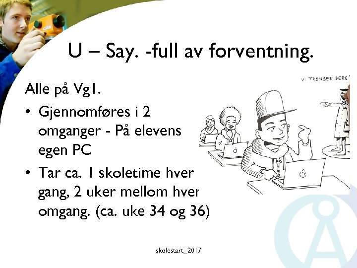 U – Say. -full av forventning. Alle på Vg 1. • Gjennomføres i 2