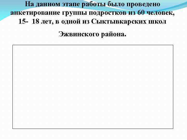 На данном этапе работы было проведено анкетирование группы подростков из 60 человек, 15 -