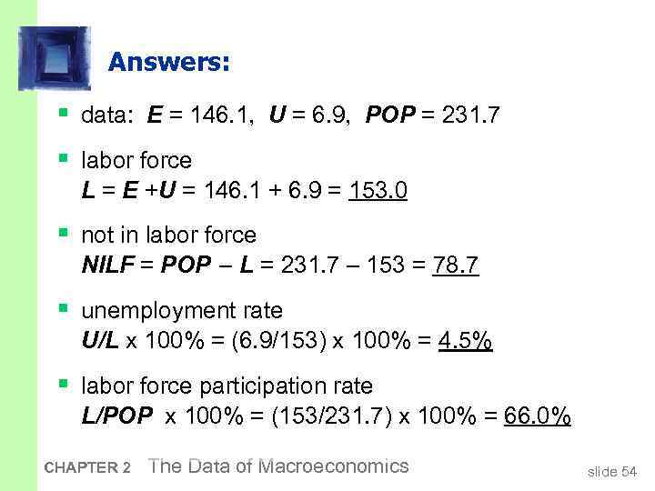 Answers: § data: E = 146. 1, U = 6. 9, POP = 231.