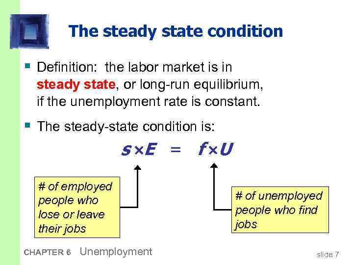 The steady state condition § Definition: the labor market is in steady state, or