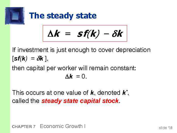 The steady state k = s f(k) – k If investment is just enough