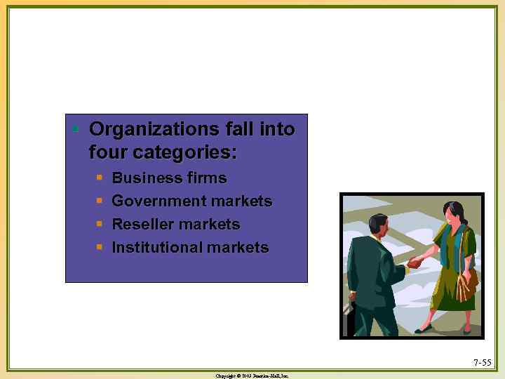 § Organizations fall into four categories: § § Business firms Government markets Reseller markets