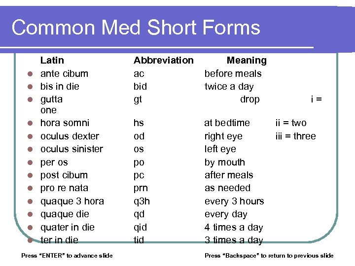 Common Med Short Forms l l l l Latin ante cibum bis in die
