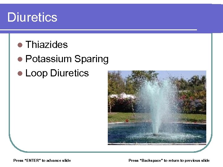 Diuretics l Thiazides l Potassium Sparing l Loop Diuretics Press “ENTER” to advance slide