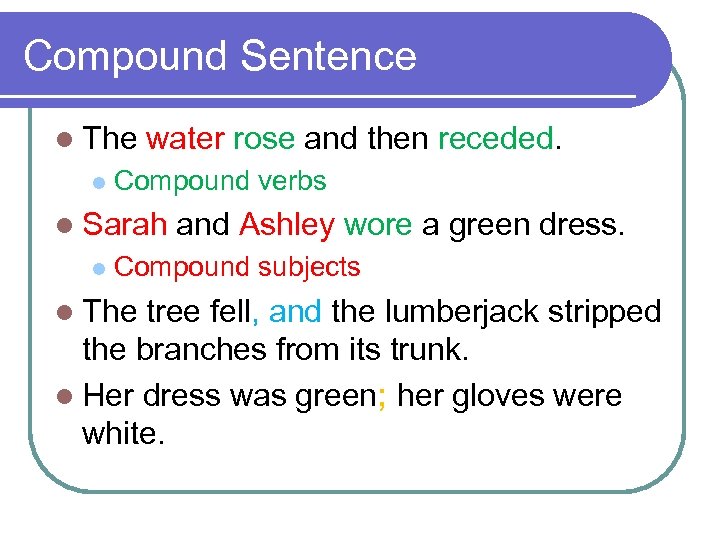 Compound Sentence l The l water rose and then receded. Compound verbs l Sarah