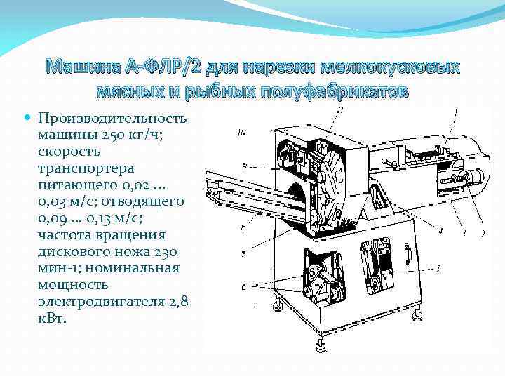 Машина А-ФЛР/2 для нарезки мелкокусковых мясных и рыбных полуфабрикатов Производительность машины 250 кг/ч; скорость