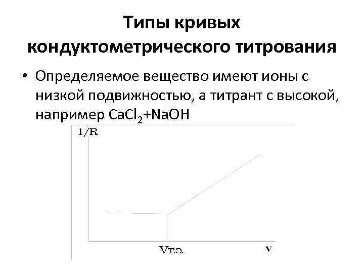 Типы кривых кондуктометрического титрования • Определяемое вещество имеют ионы с низкой подвижностью, а титрант