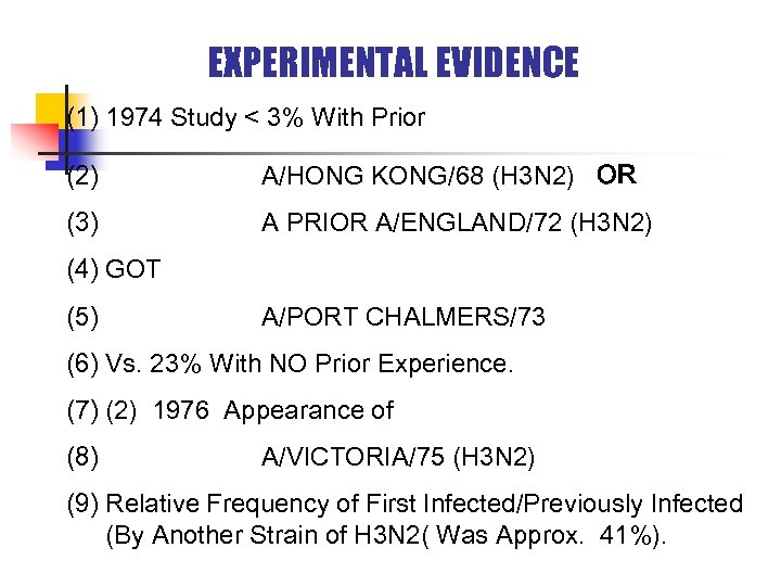 EXPERIMENTAL EVIDENCE (1) 1974 Study < 3% With Prior (2) A/HONG KONG/68 (H 3