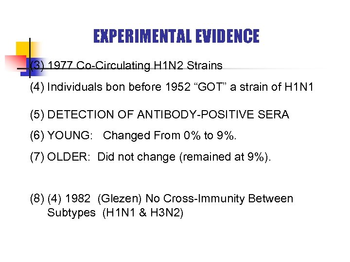 EXPERIMENTAL EVIDENCE (3) 1977 Co-Circulating H 1 N 2 Strains (4) Individuals bon before