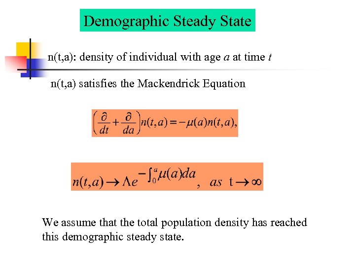 Demographic Steady State n(t, a): density of individual with age a at time t