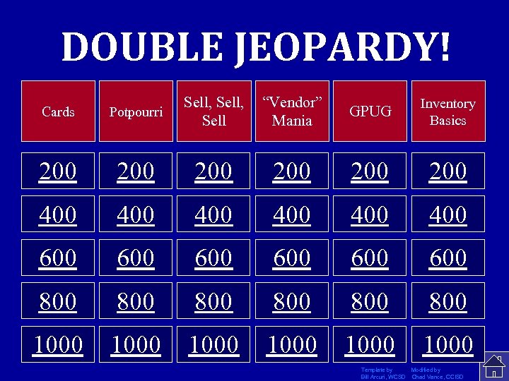 DOUBLE JEOPARDY! Cards Potpourri Sell, Sell “Vendor” Mania GPUG Inventory Basics 200 200 200