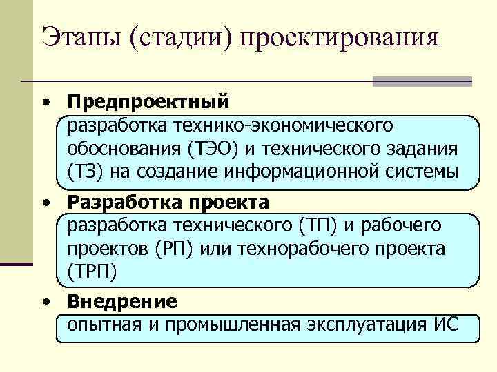 Этапы (стадии) проектирования • Предпроектный разработка технико-экономического обоснования (ТЭО) и технического задания (ТЗ) на