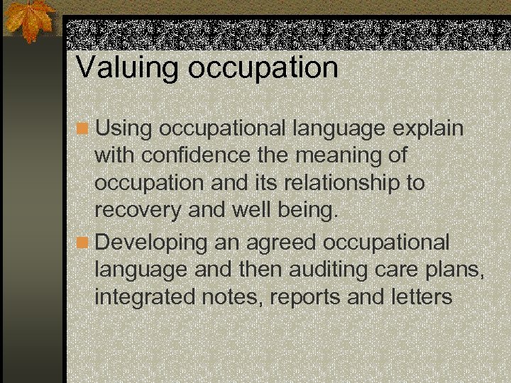 Valuing occupation n Using occupational language explain with confidence the meaning of occupation and
