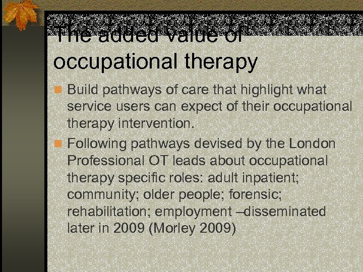 The added value of occupational therapy n Build pathways of care that highlight what