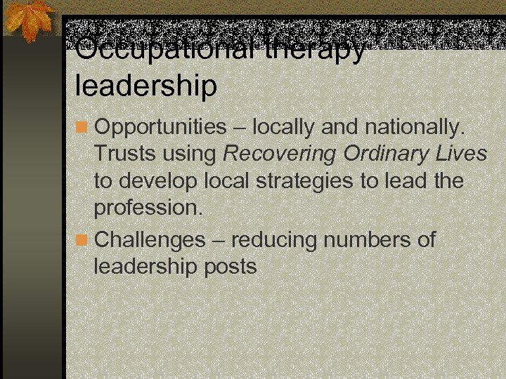 Occupational therapy leadership n Opportunities – locally and nationally. Trusts using Recovering Ordinary Lives