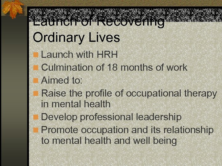 Launch of Recovering Ordinary Lives n Launch with HRH n Culmination of 18 months