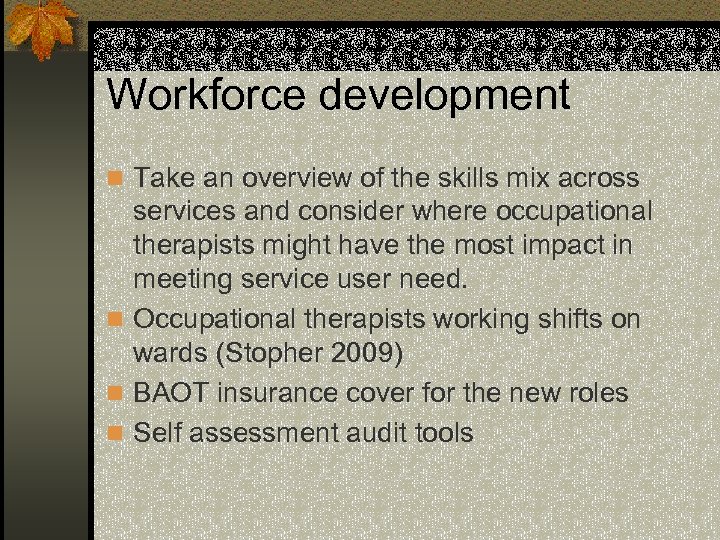 Workforce development n Take an overview of the skills mix across services and consider