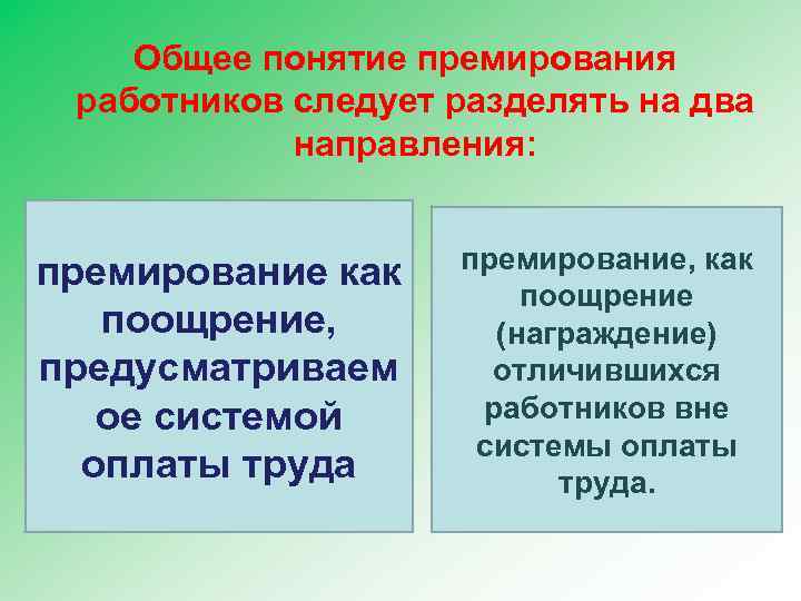  Общее понятие премирования работников следует разделять на два направления: премирование как поощрение, предусматриваем