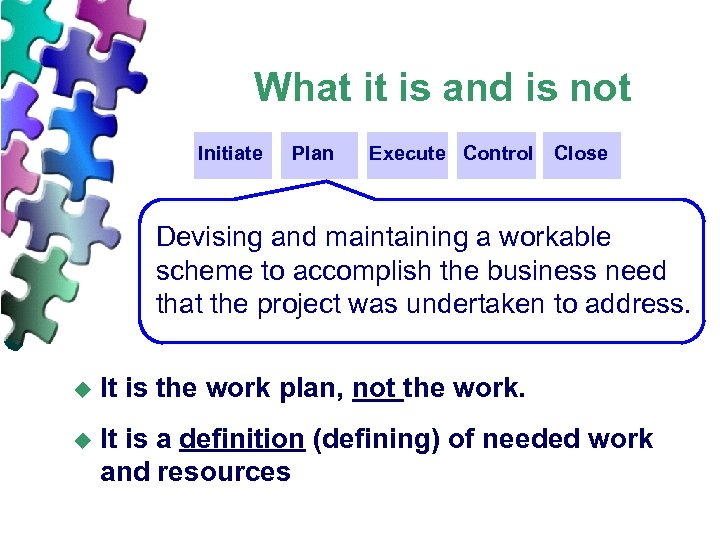 What it is and is not Initiate Plan Execute Control Close Devising and maintaining
