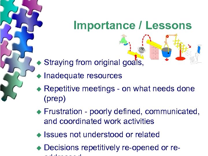 Importance / Lessons u Straying from original goals, u Inadequate resources u Repetitive meetings