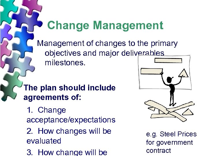 Change Management of changes to the primary objectives and major deliverables milestones. The plan
