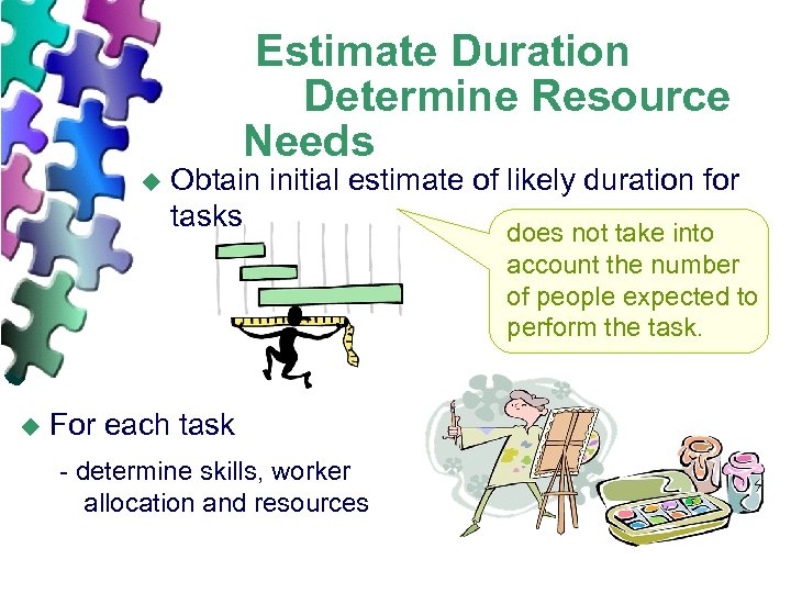  Estimate Duration Determine Resource Needs u Obtain initial estimate of likely duration for