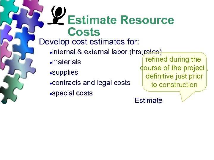Estimate Resource Costs Develop cost estimates for: ·internal & external labor (hrs, rates) refined