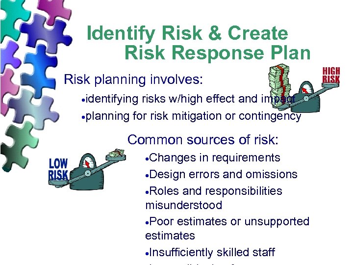 Identify Risk & Create Risk Response Plan Risk planning involves: ·identifying risks w/high effect