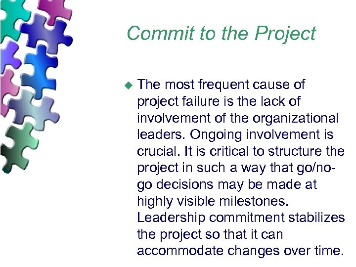 Commit to the Project u The most frequent cause of project failure is the