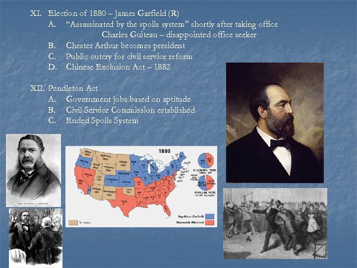 XI. Election of 1880 – James Garfield (R) A. “Assassinated by the spoils system”