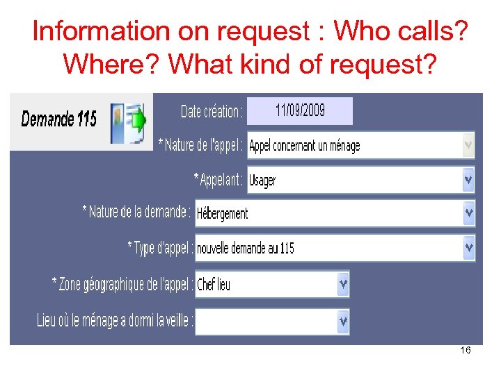 Information on request : Who calls? Where? What kind of request? 16 