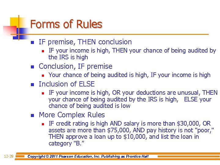 Forms of Rules n IF premise, THEN conclusion n n Conclusion, IF premise n