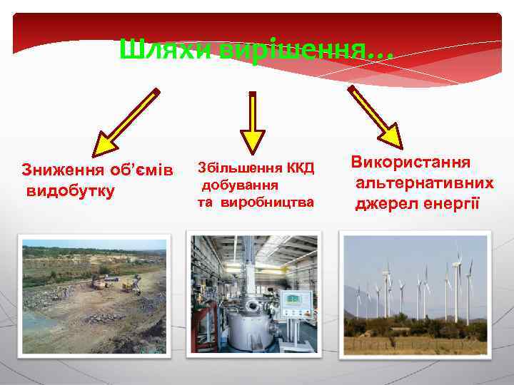 Шляхи вирішення… Зниження об’ємів видобутку Збільшення ККД добування та виробництва Використання альтернативних джерел енергії