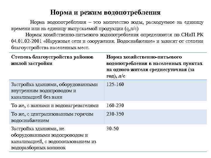 Норма и режим водопотребления Норма водопотребления – это количество воды, расходуемое на единицу времени