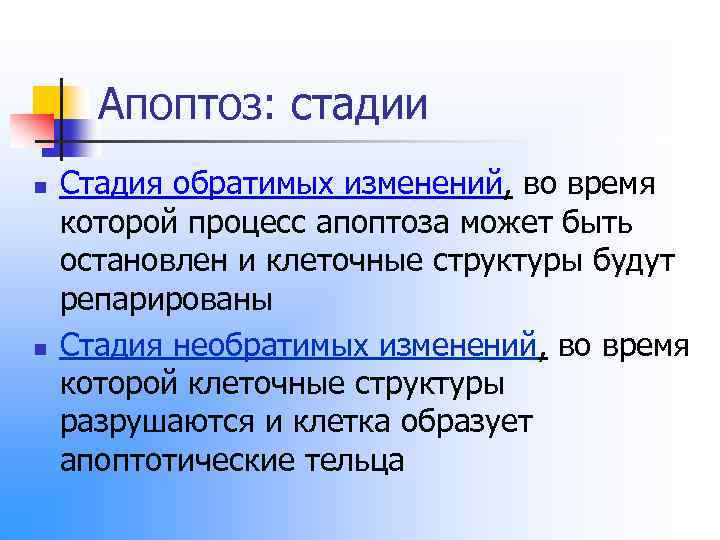 Апоптоз: стадии n n Стадия обратимых изменений, во время которой процесс апоптоза может быть