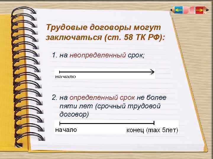 Трудовые договоры могут заключаться (ст. 58 ТК РФ): 1. на неопределенный срок; 2. на