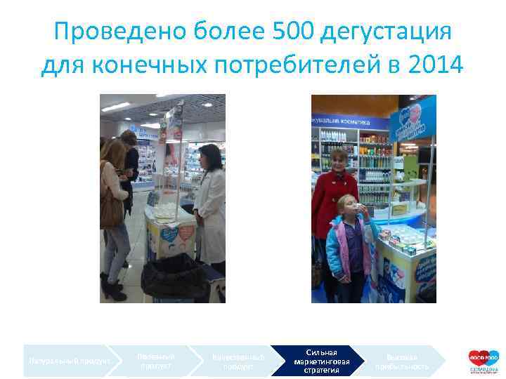 Проведено более 500 дегустация для конечных потребителей в 2014 Натуральный продукт Полезный продукт Качественный