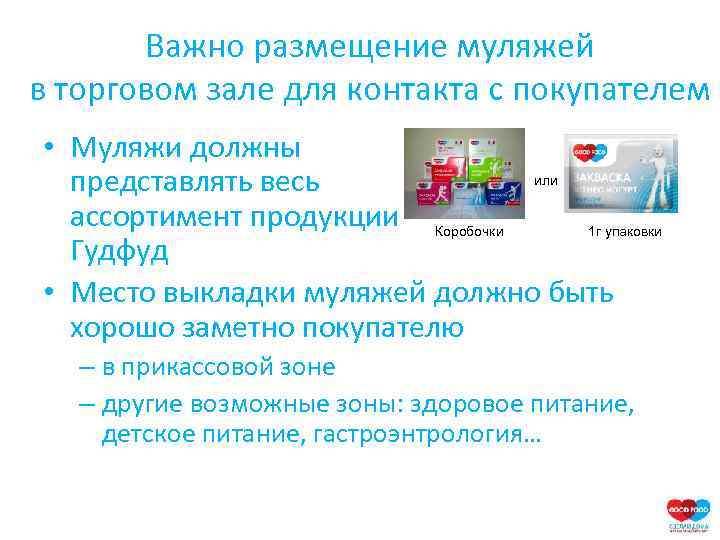 Важно размещение муляжей в торговом зале для контакта с покупателем • Муляжи должны или