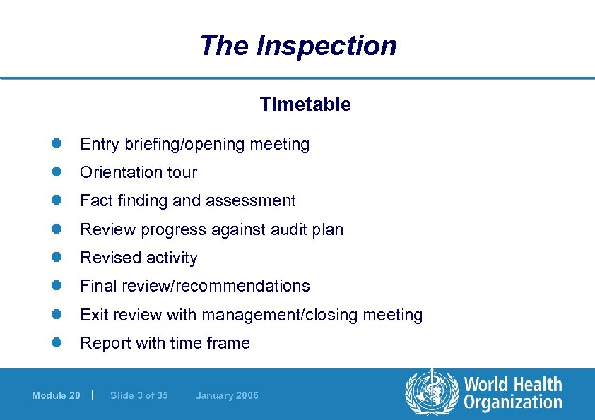 The Inspection Timetable l Entry briefing/opening meeting l Orientation tour l Fact finding and
