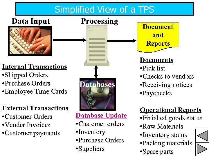 Simplified View of a TPS Data Input Internal Transactions • Shipped Orders • Purchase