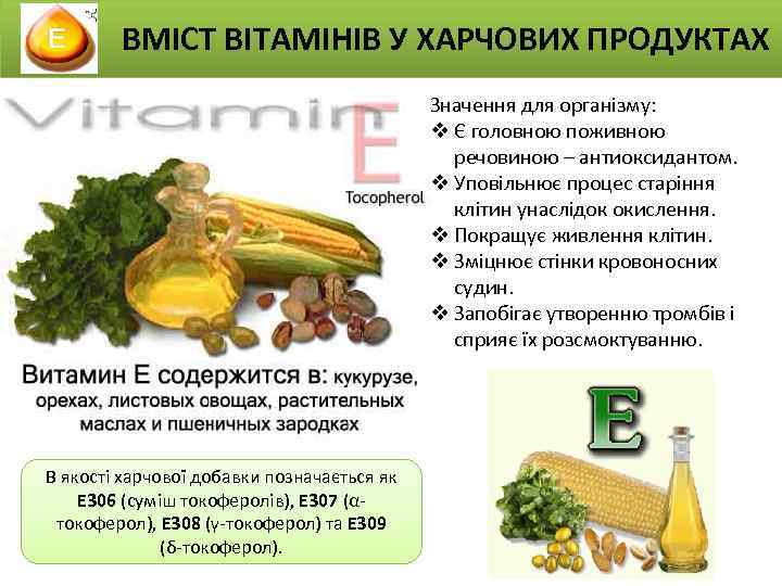 ВМІСТ ВІТАМІНІВ У ХАРЧОВИХ ПРОДУКТАХ Значення для організму: v Є головною поживною речовиною –