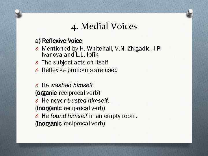 4. Medial Voices a) Reflexive Voice O Mentioned by H. Whitehall, V. N. Zhigadlo,