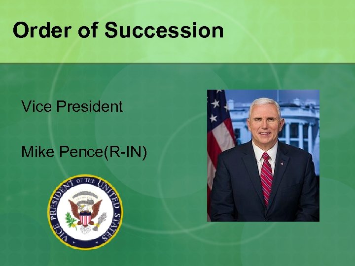 Order of Succession Vice President Mike Pence(R-IN) 
