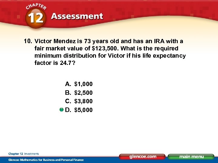 10. Victor Mendez is 73 years old and has an IRA with a fair