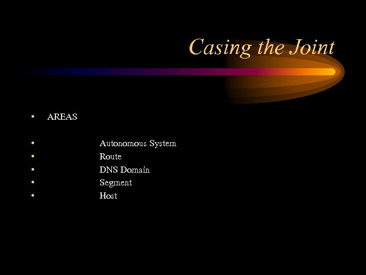 Casing the Joint • • • AREAS Autonomous System Route DNS Domain Segment Host
