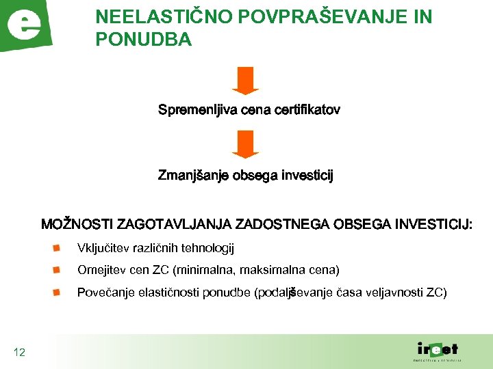 NEELASTIČNO POVPRAŠEVANJE IN PONUDBA Spremenljiva cena certifikatov Zmanjšanje obsega investicij MOŽNOSTI ZAGOTAVLJANJA ZADOSTNEGA OBSEGA
